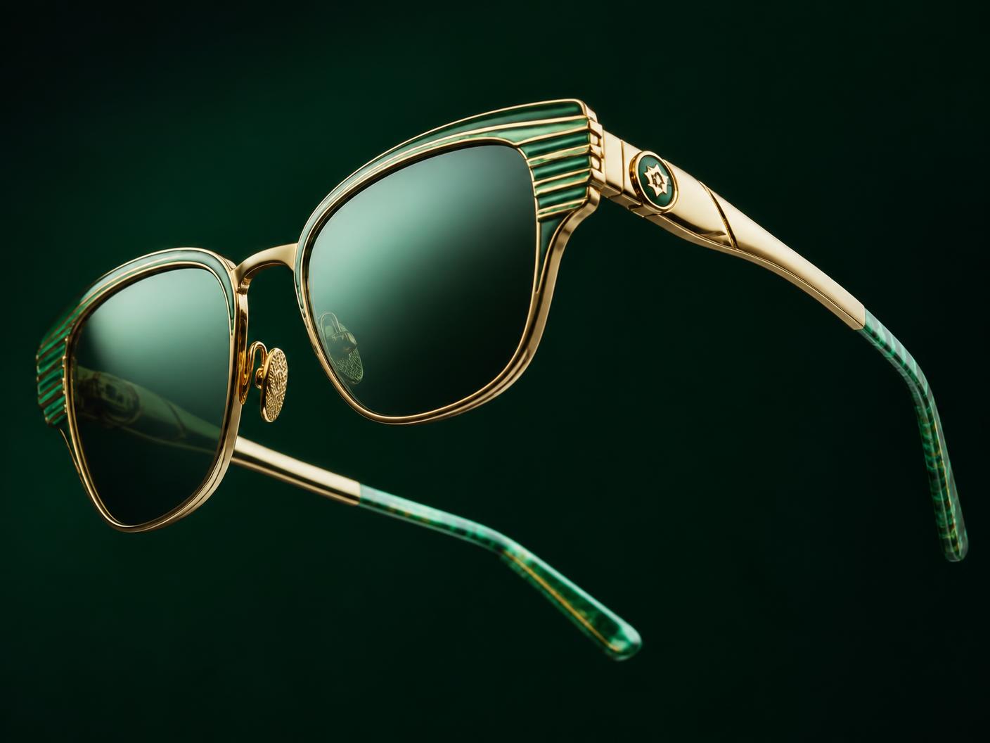 Hand-finished brass and enamel sunglasses on a deep green backdrop