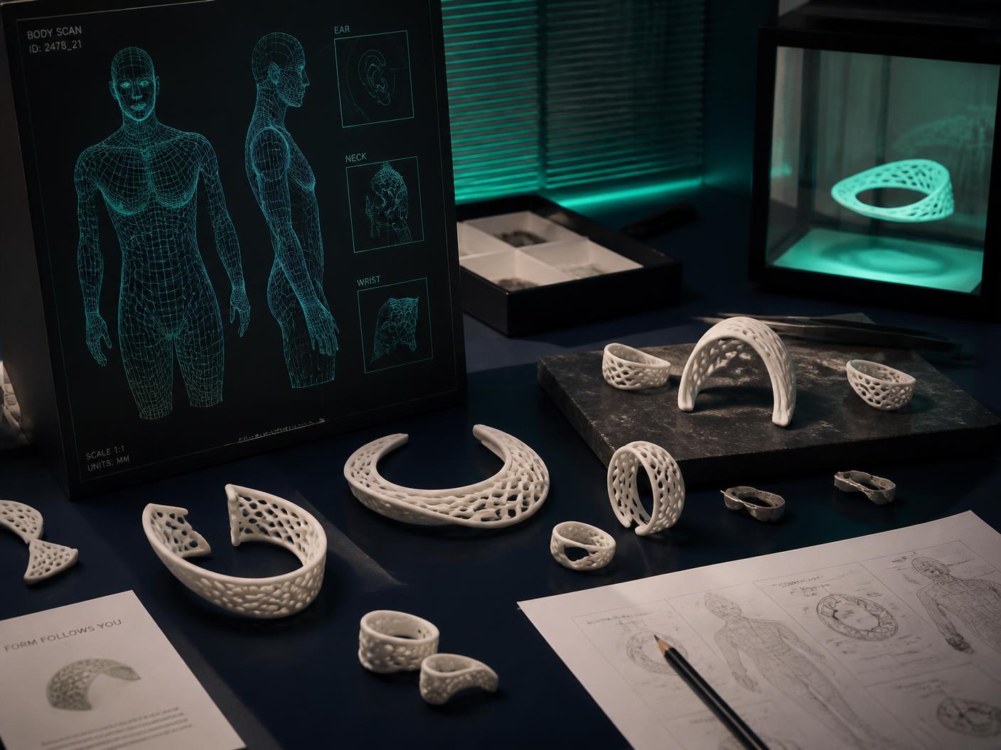 Ergonomic jewelry prototypes beside body-scan wireframe diagrams in a design studio